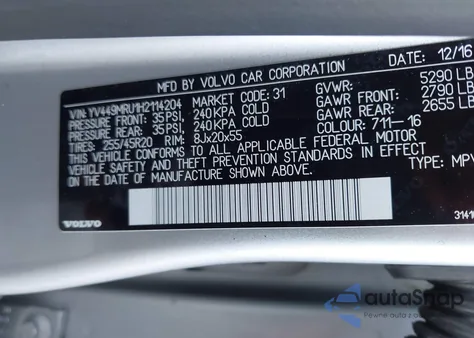 2017 Volvo Xc60 T6 Inscription z USA, uszkodzony, nr VIN YV449MRU1H2114204